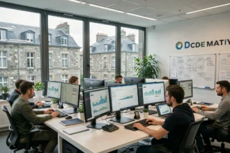 Vue d'ensemble d'une agence SEO moderne à Rennes avec des professionnels travaillant sur des tableaux de bord d'analyse