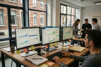 Bureau de consultant SEO moderne à Lille avec écrans affichant des tableaux de bord d'analytics et des graphiques de positionnement
