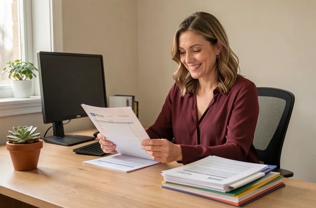 Michal Aline, experte-comptable indépendante, travaillant sur un dossier fiscal pour une profession libérale