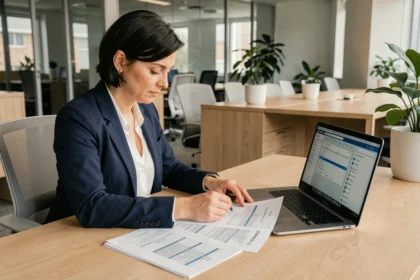 Responsable informatique en blazer marine révisant des documents de migration logicielle sur un bureau moderne avec un laptop affichant un tableau de bord Gestion Strator neo