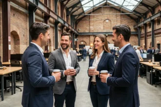 Groupe de professionnels en networking lors d'un événement à Station F Paris, dans le grand hall industriel aux murs en briques