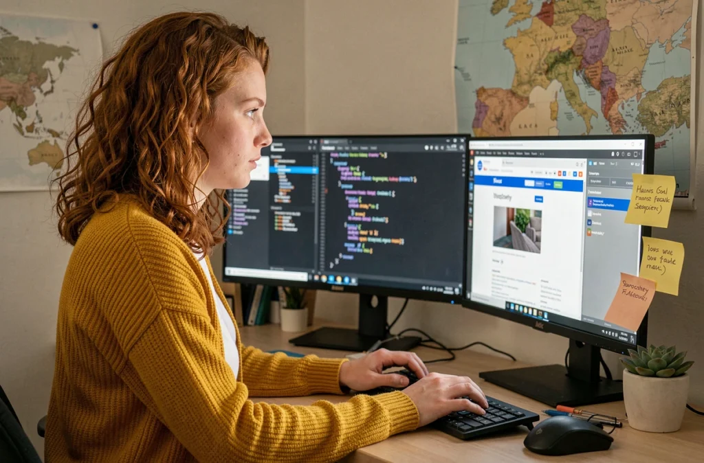 Développeuse web de NH-WDCom codant un site internet dans un espace de travail personnalisé