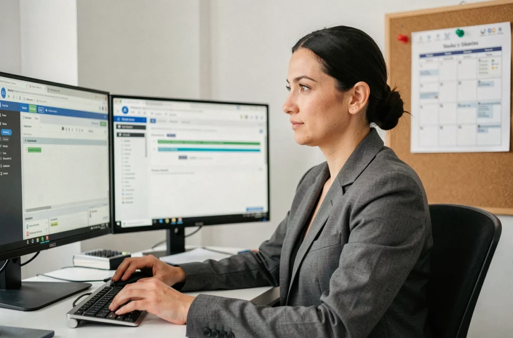 Spécialiste SEO technique et contenu de Noiise analysant un audit de site web et une stratégie de contenu sur deux moniteurs
