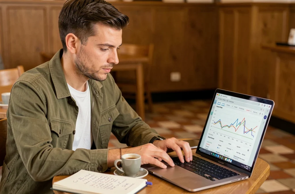 Pierre Visez, freelance SEO à Lille, travaillant de façon autonome dans un café avec un outil d'analyse de mots-clés ouvert sur son ordinateur