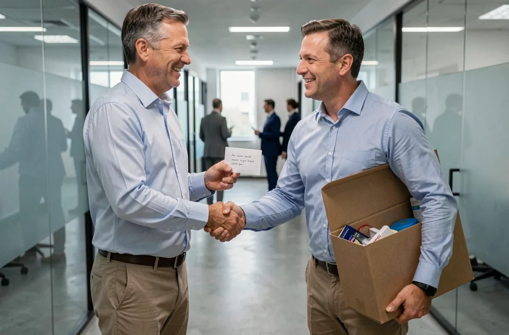 Deux collègues masculins échangeant une poignée de main et une enveloppe lors d'un départ en entreprise