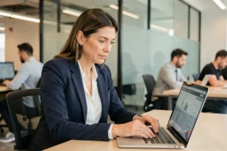 Professionnelle évaluant un avis en ligne sur son ordinateur portable dans un espace de co-working moderne