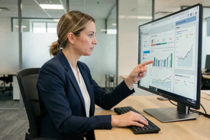Professionnelle RH analysant un tableau de bord de suivi des données sur ordinateur avec GTM La Poste