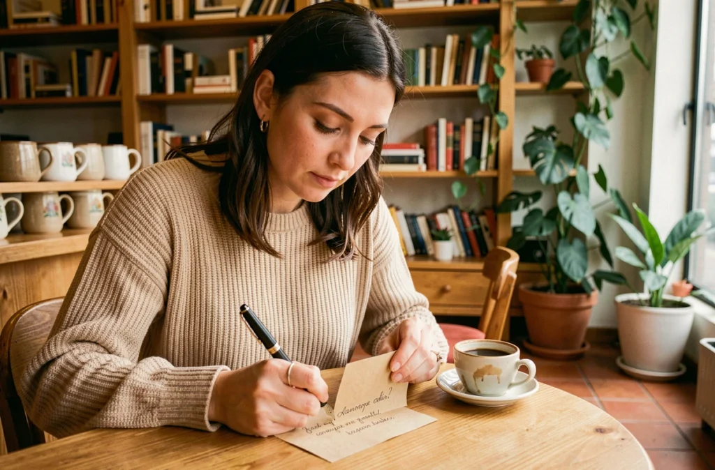 Femme rédigeant un message de départ manuscrit dans une carte kraft dans un café chaleureux
