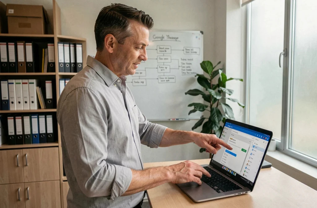 Responsable RH configurant des balises Google Tag Manager Extra La Poste sur son ordinateur portable