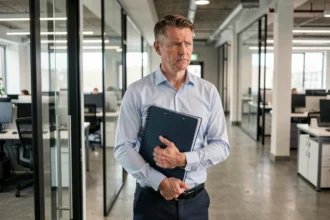 Salarié réembauché après licenciement pour faute grave hésitant à l'entrée d'un bureau d'entreprise moderne