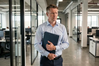 Salarié réembauché après licenciement pour faute grave hésitant à l'entrée d'un bureau d'entreprise moderne