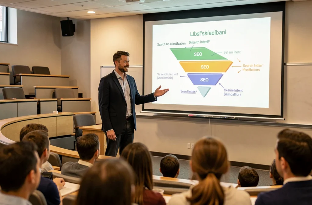 Samir Belabbes, Head of SEO et intervenant à SKEMA Business School, animant un cours sur la stratégie de référencement naturel