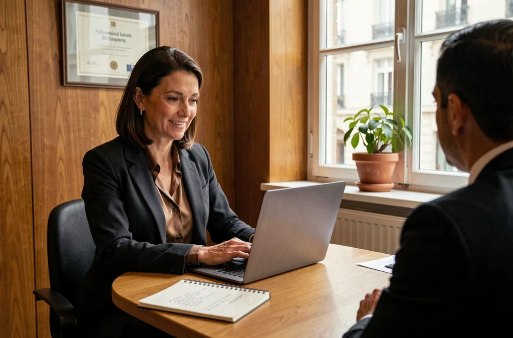 Sara El Gharbi présentant une proposition de consulting SEO personnalisée à un client dans un bureau boutique chaleureux