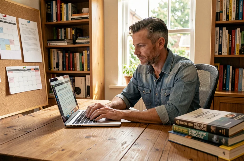 Éditeur SEO de SEO.fr travaillant sur un article de référencement dans un bureau à domicile avec des livres de référence