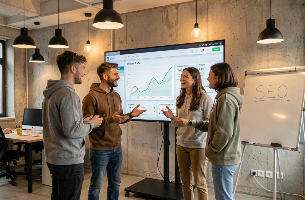 Équipe de l'agence SEO Monkey à Lille réunie autour d'un tableau de bord de campagne SEO lors d'une réunion de stratégie