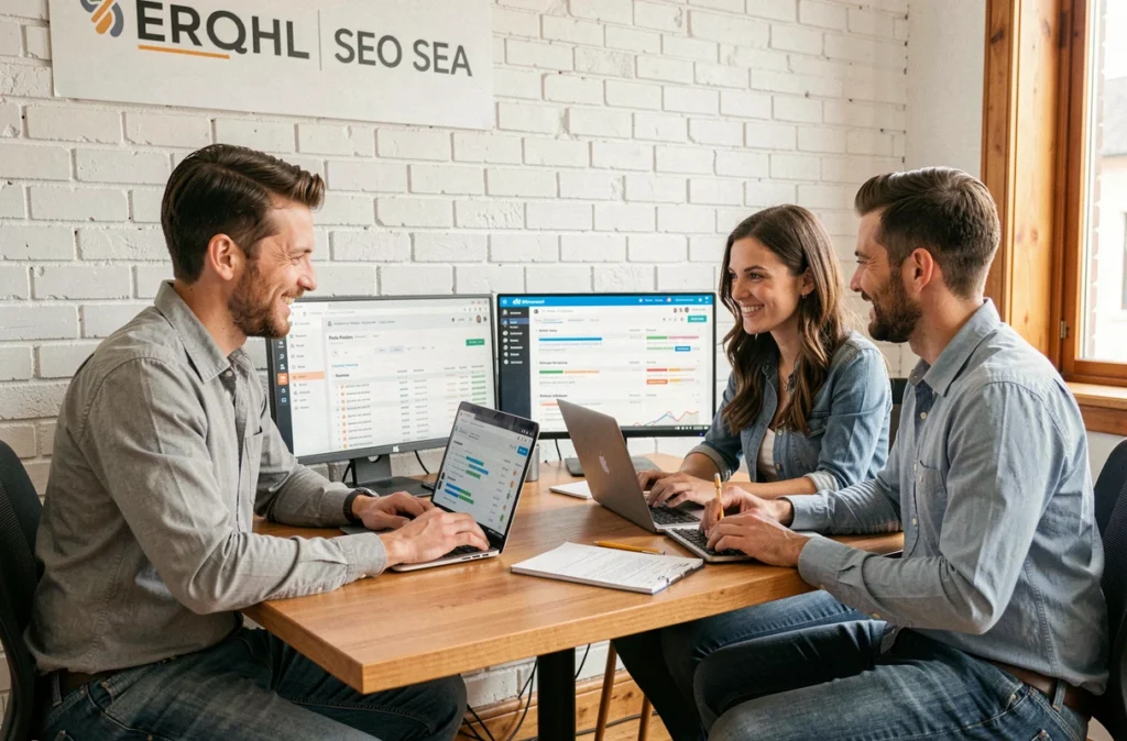 Équipe de SlashR travaillant en proximité sur une stratégie combinée SEO et SEA pour un client dans un bureau convivial