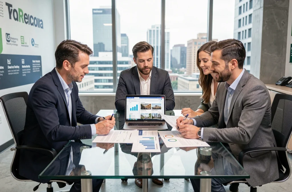 Équipe Solocal en réunion autour de stratégies de présence digitale pour des entreprises locales