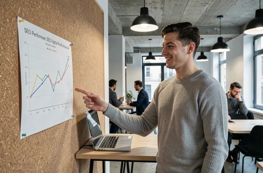Consultant numérique de Tremplin Numérique présentant un graphique de performance SEO dans un espace de coworking